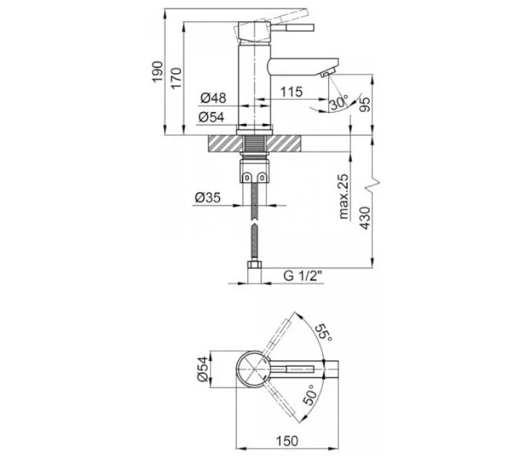 Baterie pentru lavoar WEZER EKO1A-01-BLACK Ø35 (negru)