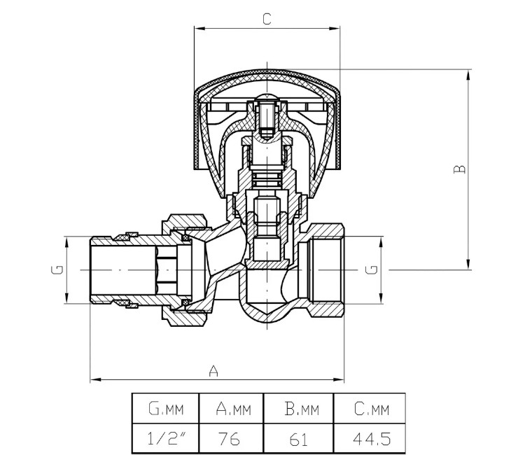 Robinet radiator drept (sus) ITAL ½" NPT "anti-scurgere" (reglare manuală)