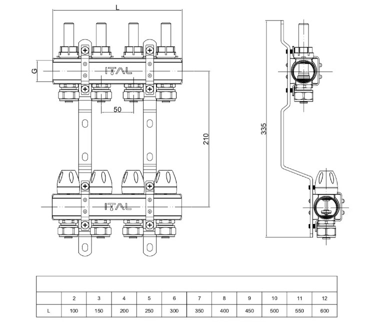Set distribuitor ITAL 1" × 8 căi (în complectație cu debimetre și conexiuni euroconice)