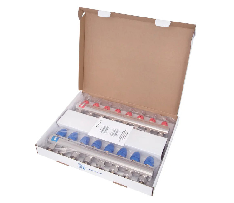 Set distribuitor ITAL 1" × 8 căi (în complectație cu debimetre și conexiuni euroconice)