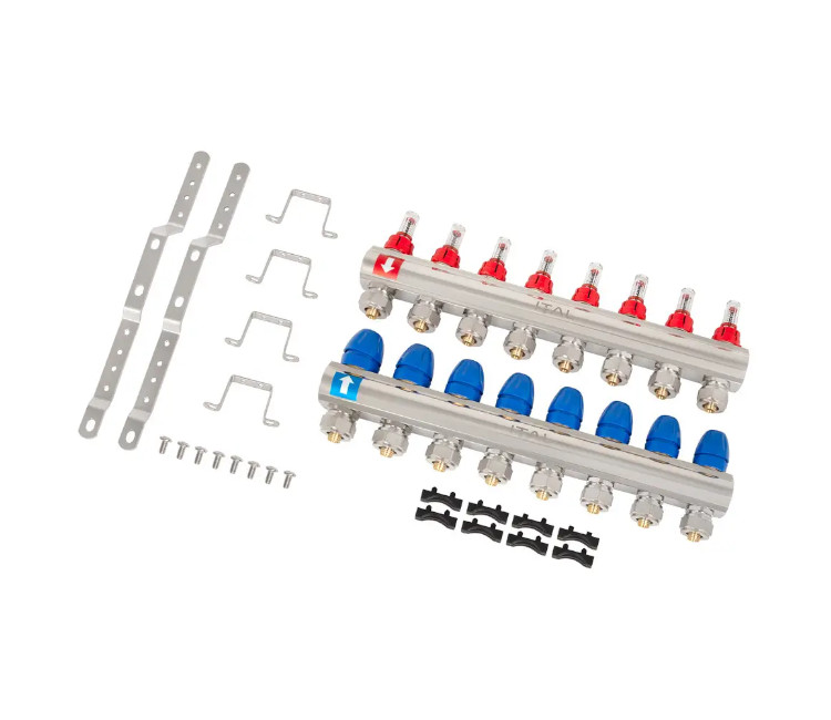 Set distribuitor ITAL 1" × 8 căi (în complectație cu debimetre și conexiuni euroconice)