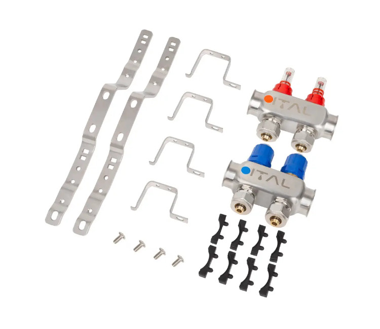 Set distribuitor cu set de montare ITAL 1" × 2 căi (în complectație cu debimetre și conexiuni euroconice)