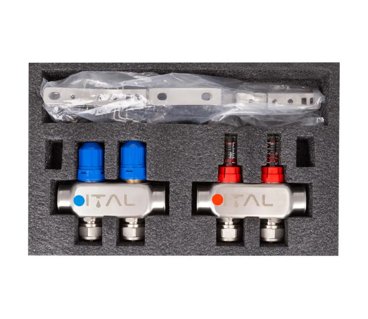Set distribuitor cu set de montare ITAL 1" × 2 căi (în complectație cu debimetre și conexiuni euroconice)