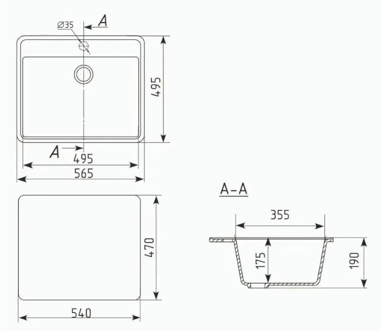 Chiuveta Granit Elefant Standart E-565-4 - 56×49 (negru)